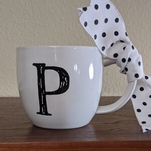 Threshold White Black “P” Monogram Coffee Mug Cup Stoneware Gift Desk EUC